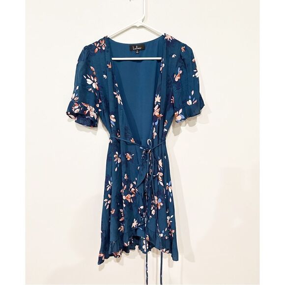 Lulus dalton teal blue floral ruffled wrap dress - Picture 2 of 4